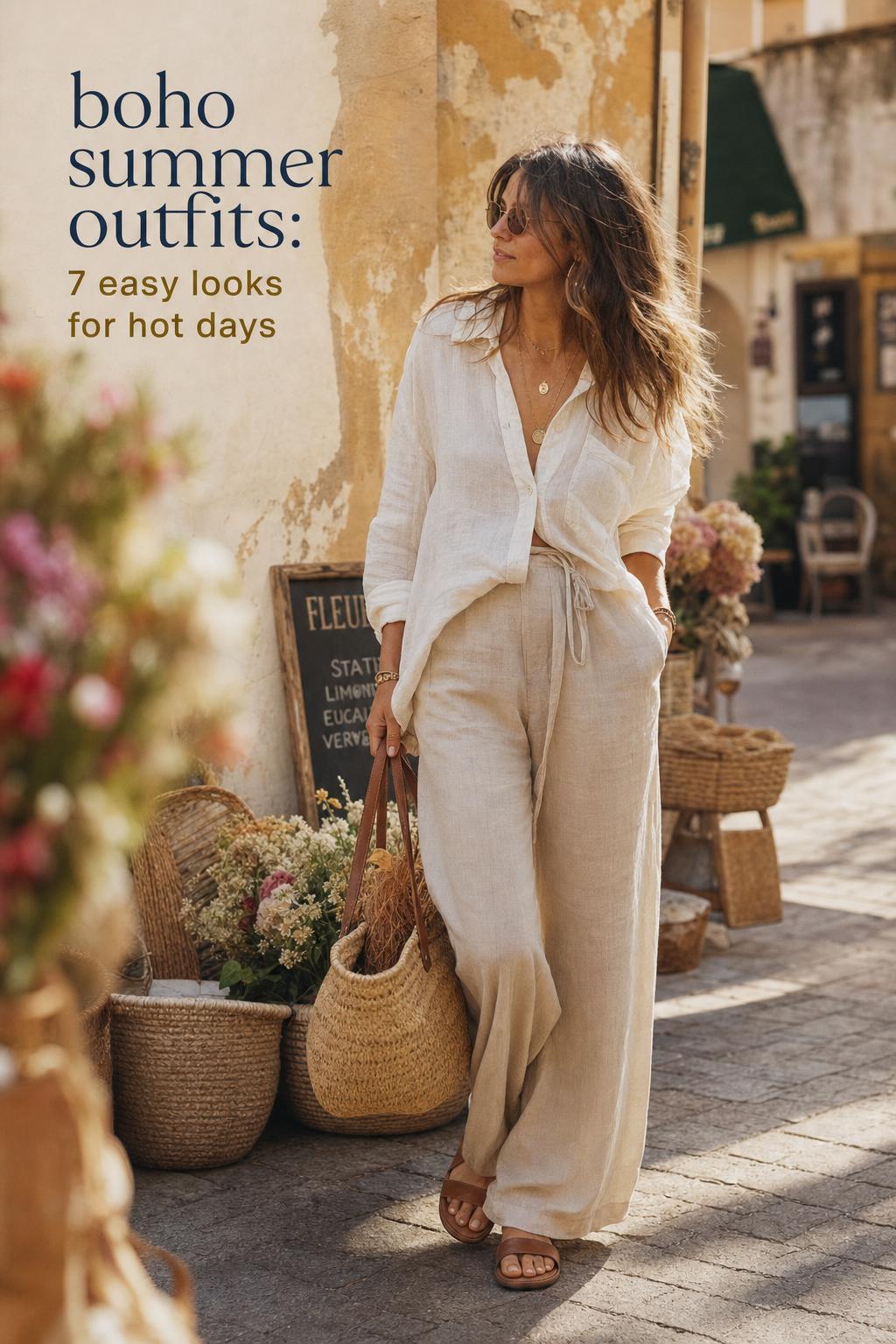 Boho summer outfits street style: woman in ivory linen blouse and sand wide-leg trousers with straw bag at golden hour