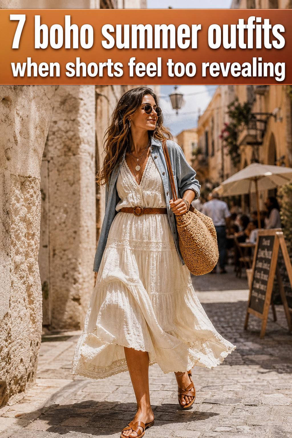 Boho summer outfits styled on a sunlit beach with flowing maxi dress, straw hat, and layered jewelry