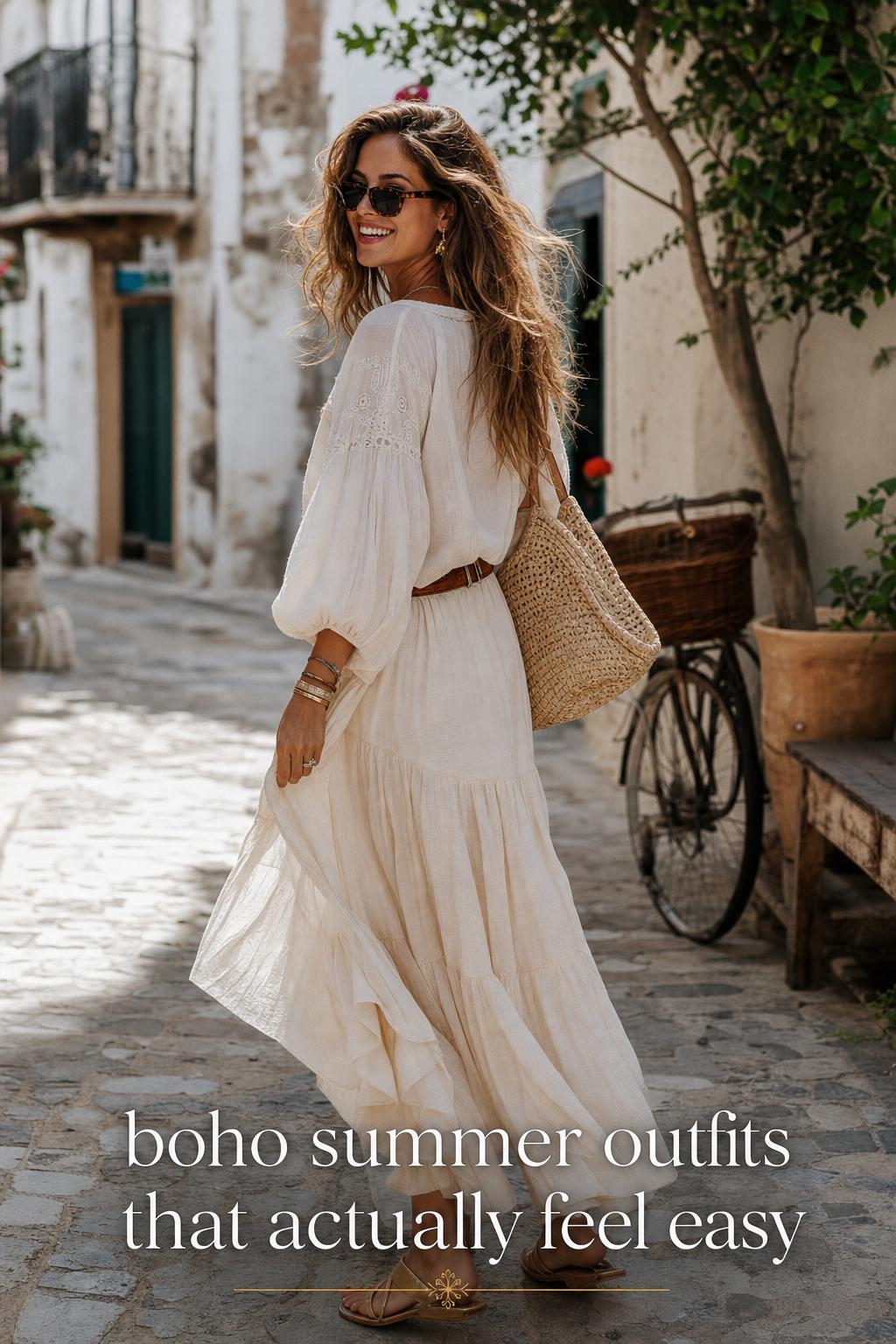 Boho summer outfits in a sun-washed coastal street scene, woman mid-step in linen and sandals with a straw bag