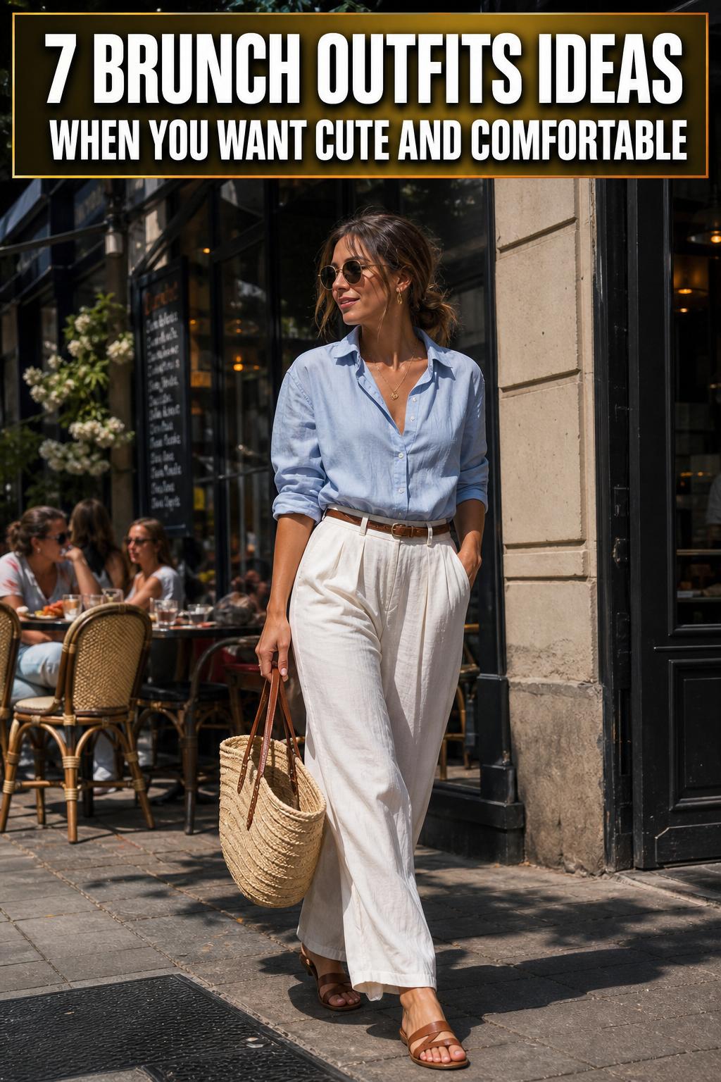 Brunch outfits ideas with a stylish woman in a chic casual look at a sunny cafe table