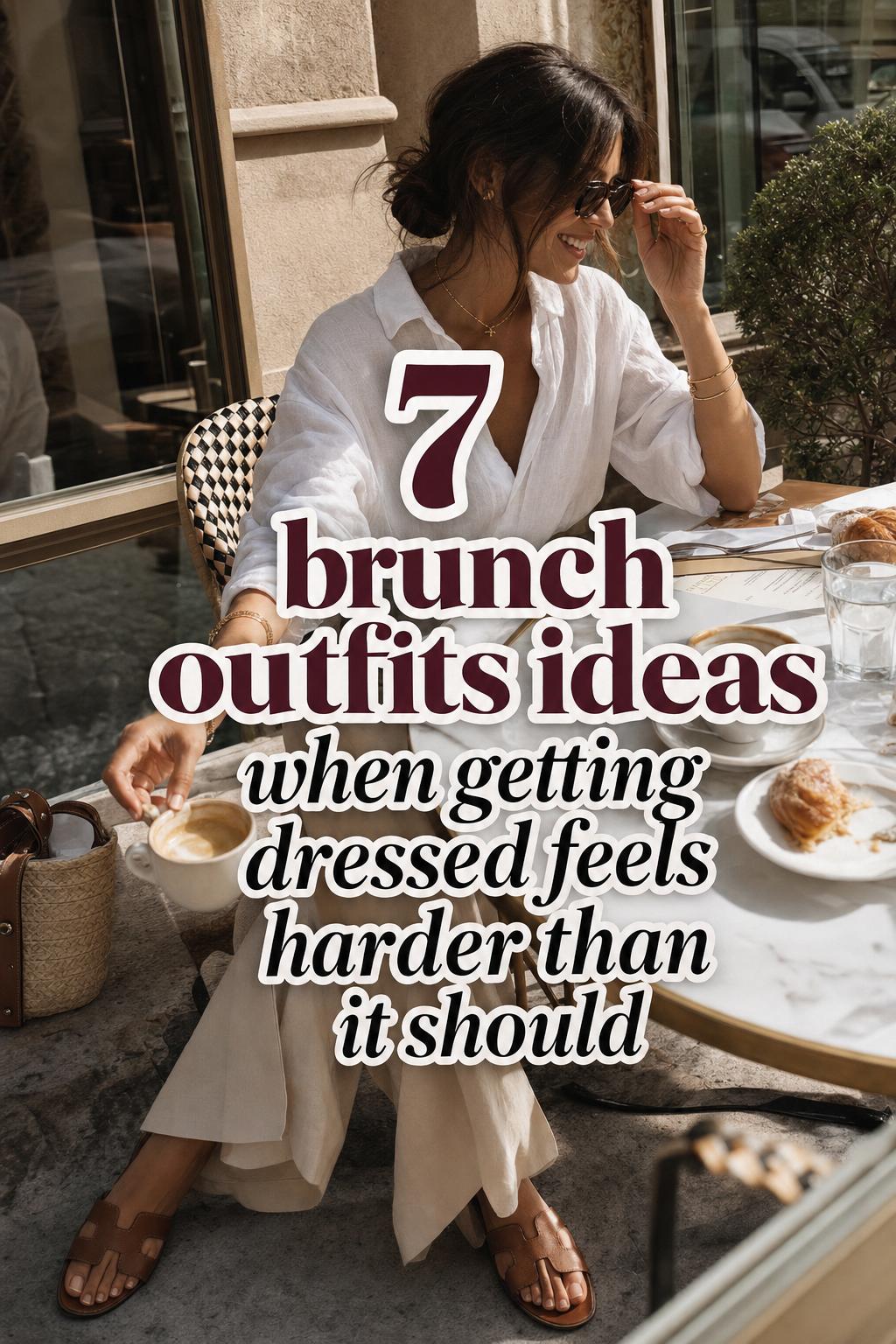 Brunch outfits ideas featuring a stylish woman in a warm sunlit café terrace, adjusting sunglasses beside coffee and pastries