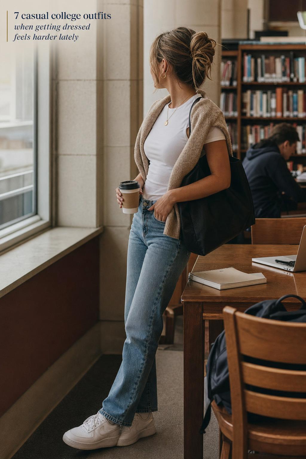 Casual college outfits in a campus library Casual college outfits on campus: jeans, white tee, oatmeal cardigan, sneakers and black tote in a library hallway