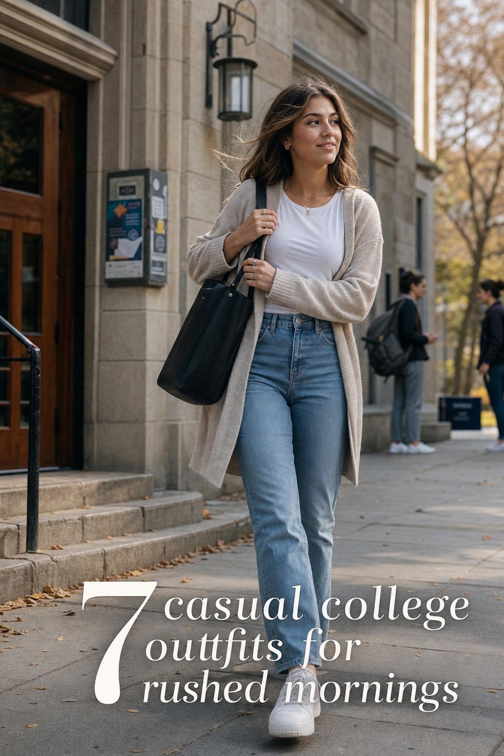 Casual College Outfits for Rushed Mornings Casual college outfits inspiration: woman in jeans, white tee and oatmeal cardigan walking out of a campus library with a tote