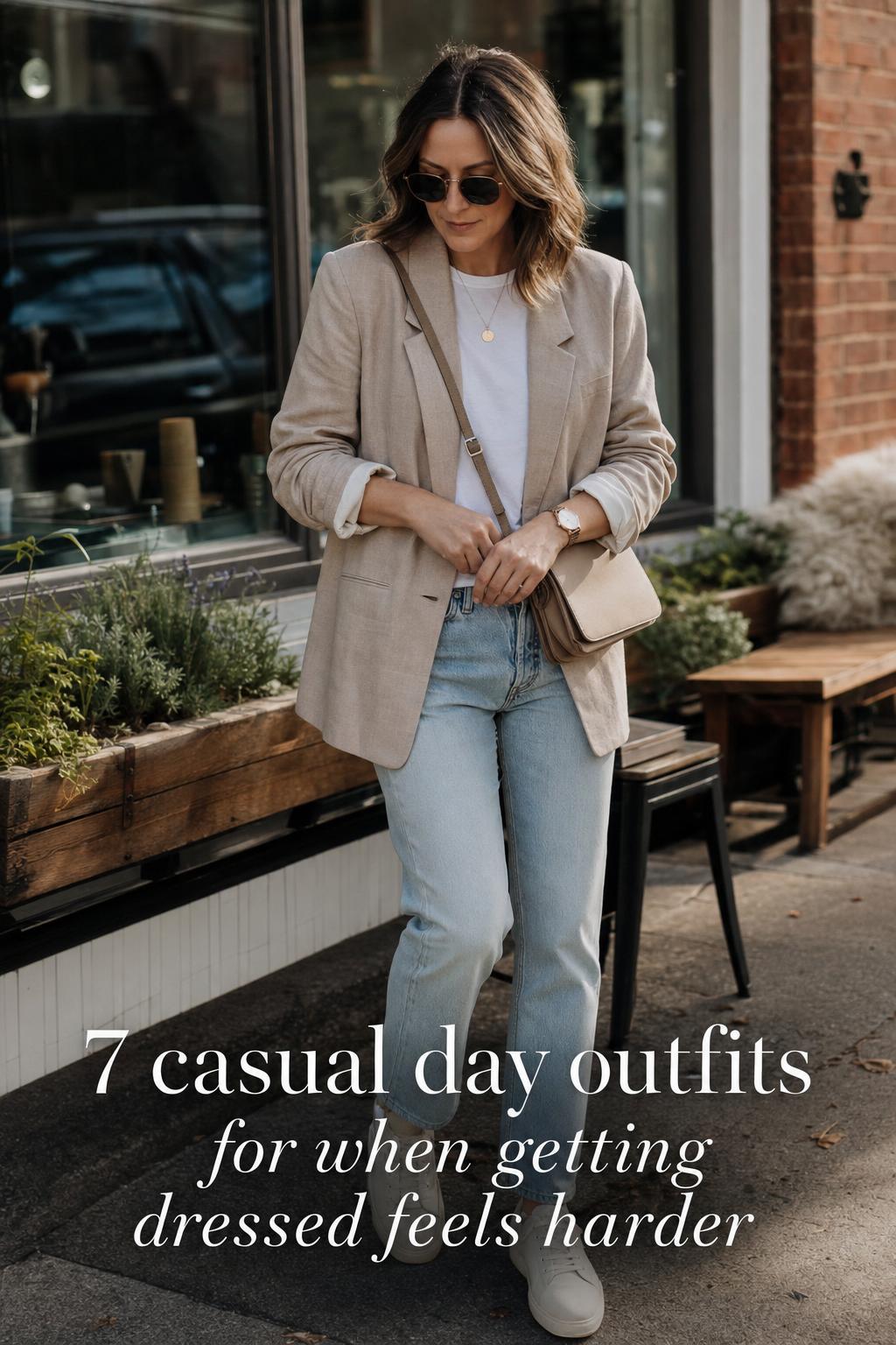 Stylish woman outside a city cafe in layered neutrals and jeans, adjusting crossbody bag—casual day outfits inspiration