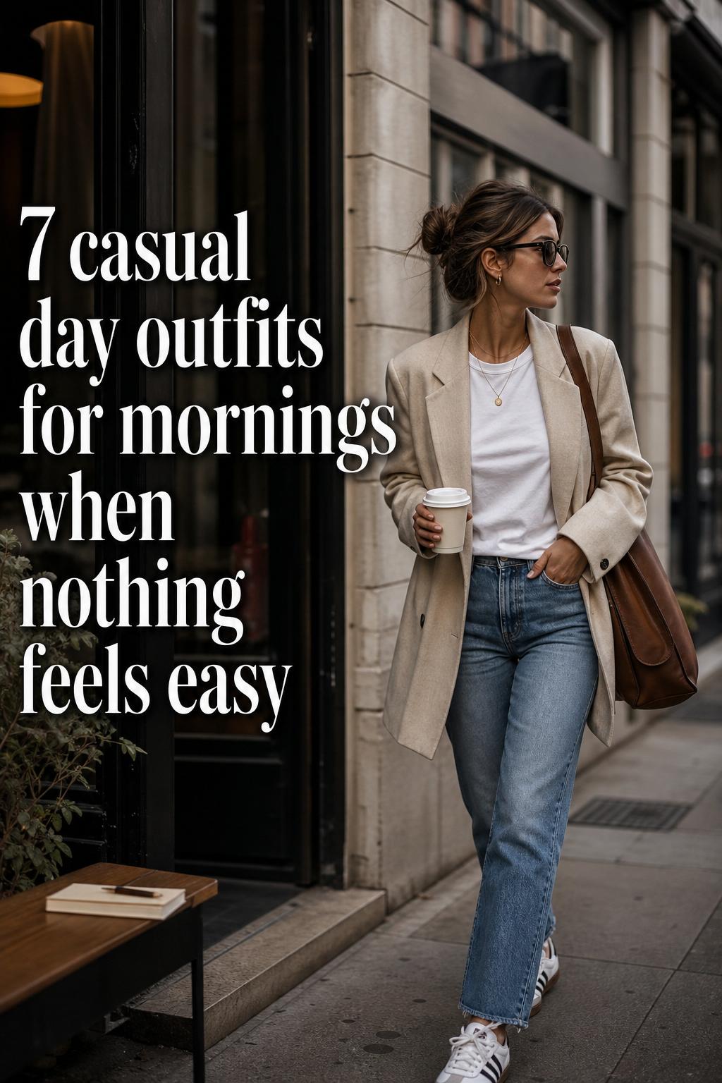 Modern woman in layered blazer and jeans on city errands, cinematic window light, casual day outfits text overlay