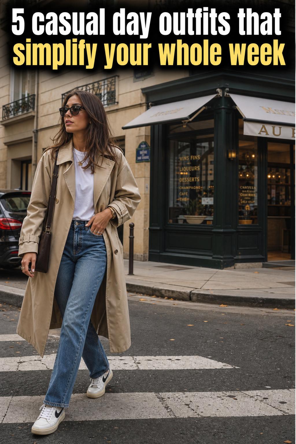 Casual day outfits on a woman in a bright city street, featuring a relaxed tee, jeans, and sneakers.