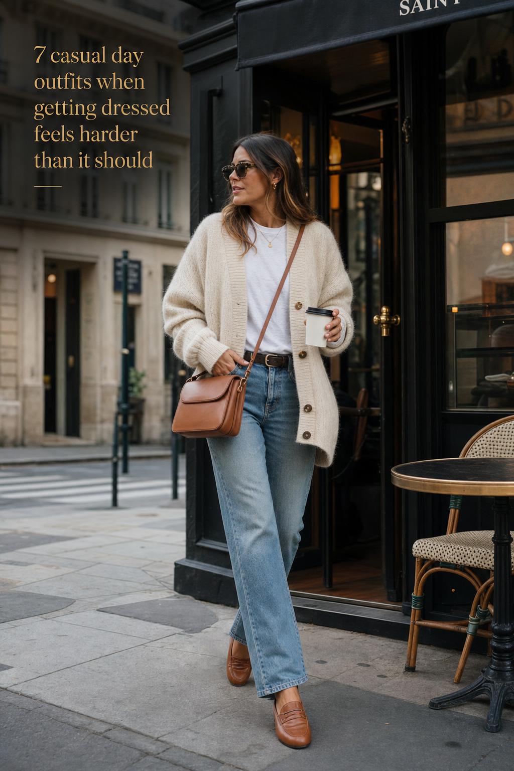 Woman in cream cardigan and jeans leaving a cafe, modern street style inspiration for casual day outfits