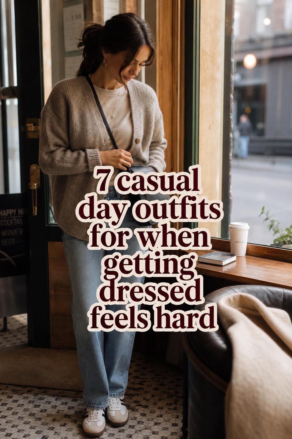 Woman in cozy coffee shop doorway wearing casual day outfits with knit cardigan, straight-leg jeans, sneakers, and crossbody bag