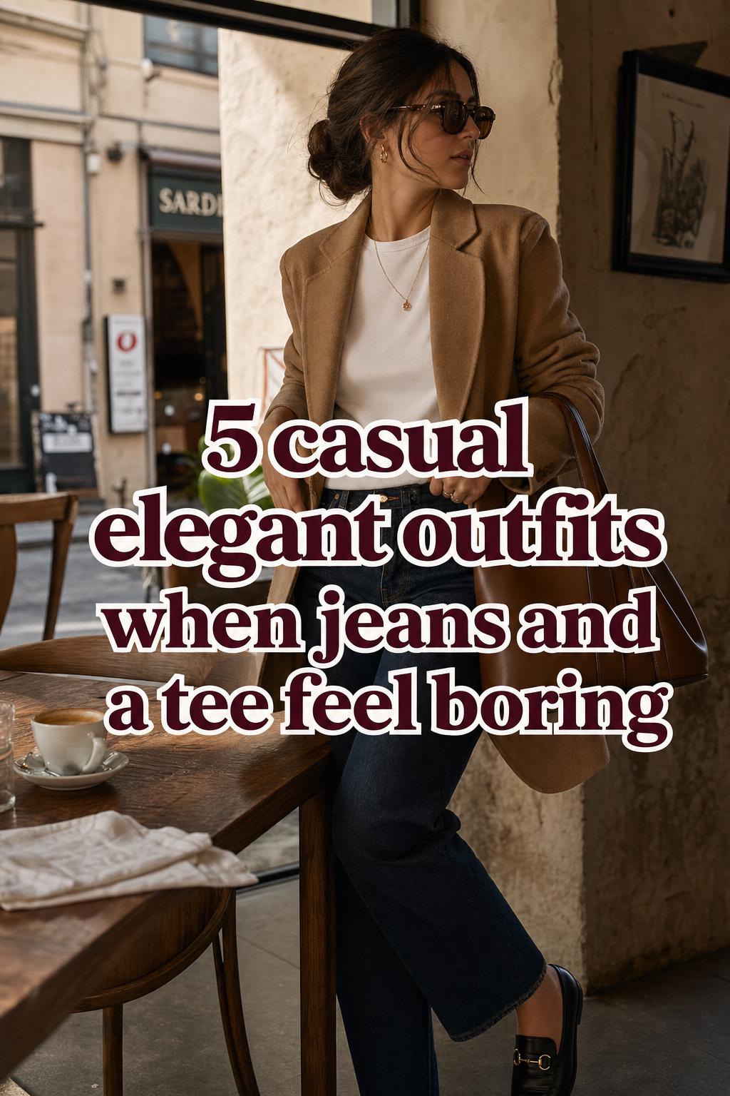 Casual Elegant Outfits in Jeans and a Tee Casual elegant outfits: woman in camel blazer, white tee and dark jeans adjusting blazer in a warm urban café