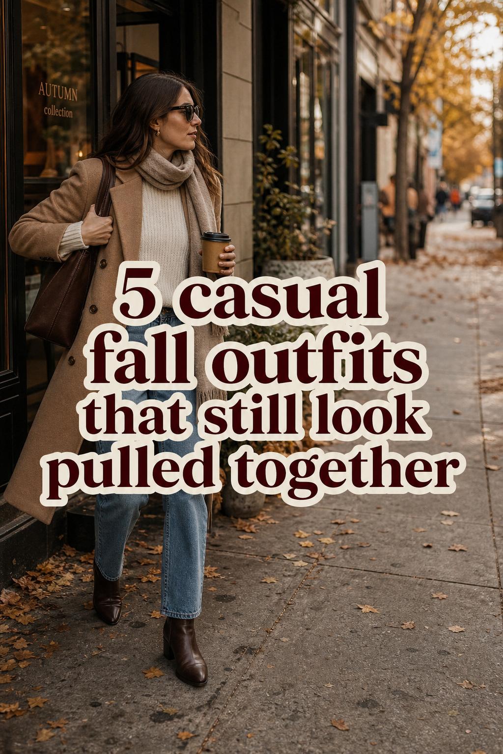 Woman stepping out of a cafe in golden-hour light wearing casual fall outfits with camel coat, scarf, jeans, and coffee