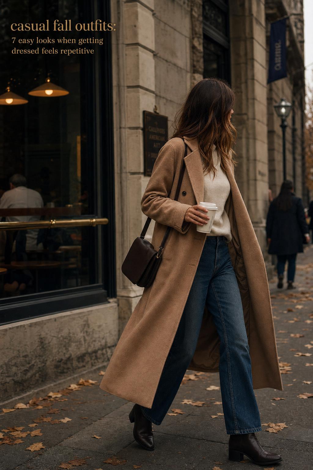Casual fall outfits street style: woman in camel coat and cream knit walking with coffee on an autumn city street