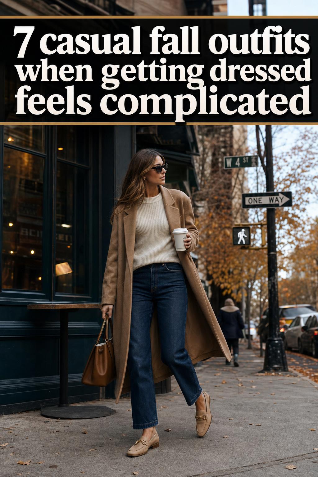 Casual fall outfits featuring layered sweater, jeans, and ankle boots on a city street