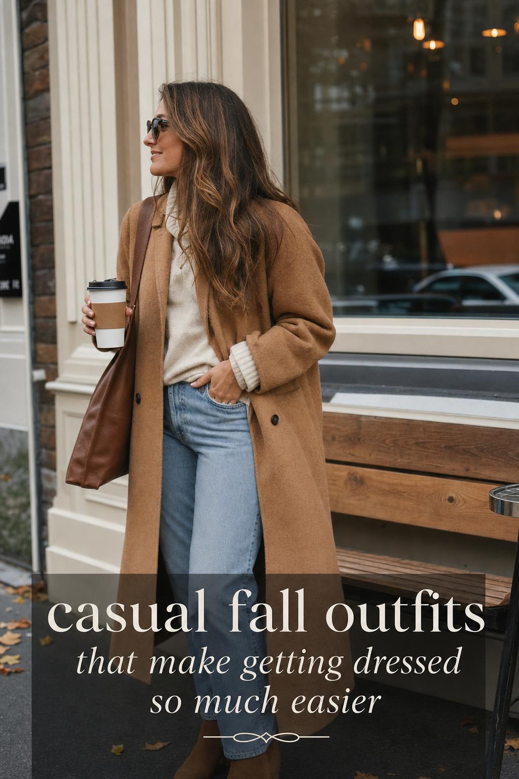 Stylish woman on a city street in tonal layers and coat, showcasing casual fall outfits with a chic coffee-shop vibe.