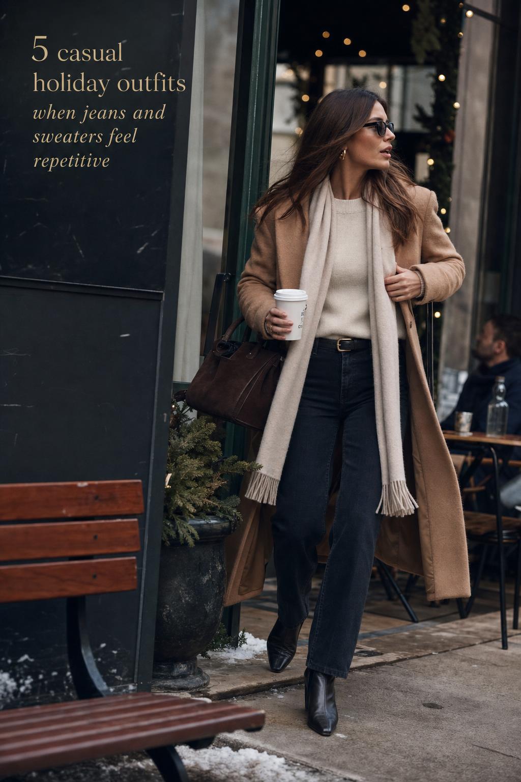 Woman in camel coat on a city coffee run, showcasing casual holiday outfits with jeans, knit sweater, scarf and boots