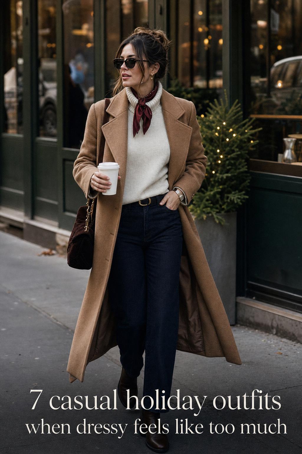 Woman on a winter coffee run in wool coat and knit sweater, showcasing casual holiday outfits in a city street scene