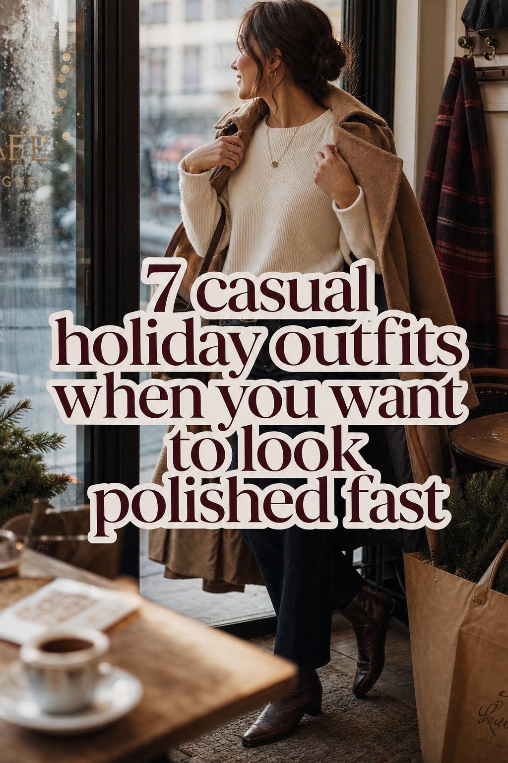 Woman adjusting wool coat by cafe window in cozy winter light, wearing casual holiday outfits with knit layers and ankle boots