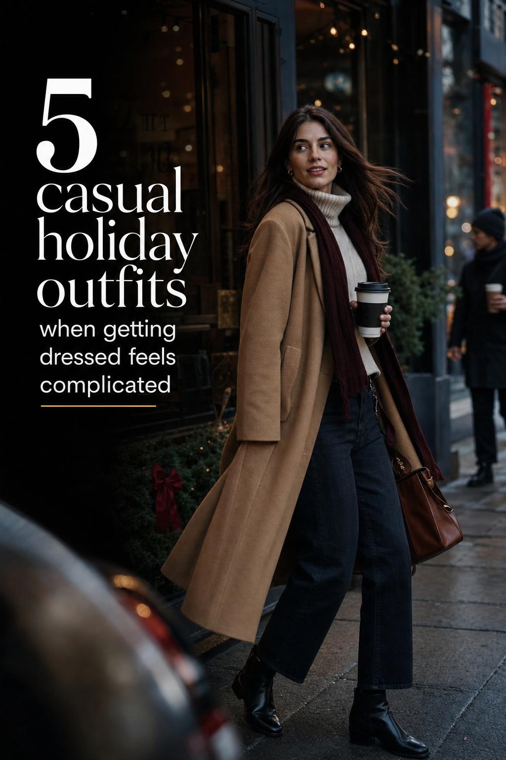 Casual holiday outfits: woman in camel coat outside a cozy café at blue hour, carrying coffee in a winter city scene