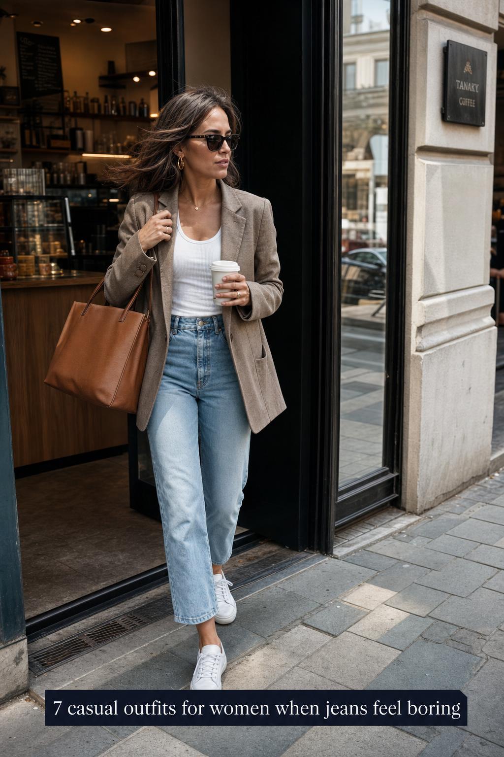 Casual outfits for women: woman leaving a city coffee stop in blazer and jeans, carrying tote and takeaway cup