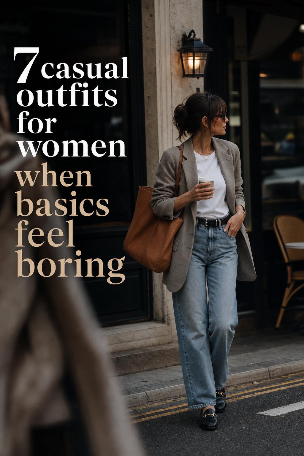 Modern urban woman at a European café coffee stop, showcasing casual outfits for women in chic neutral layers