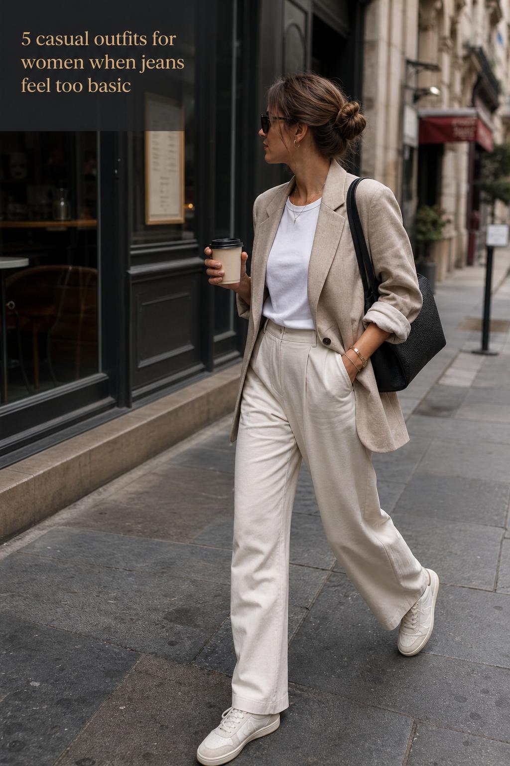Casual outfits for women in a European city: blazer, wide-leg trousers, tote, and loafers at a café stop