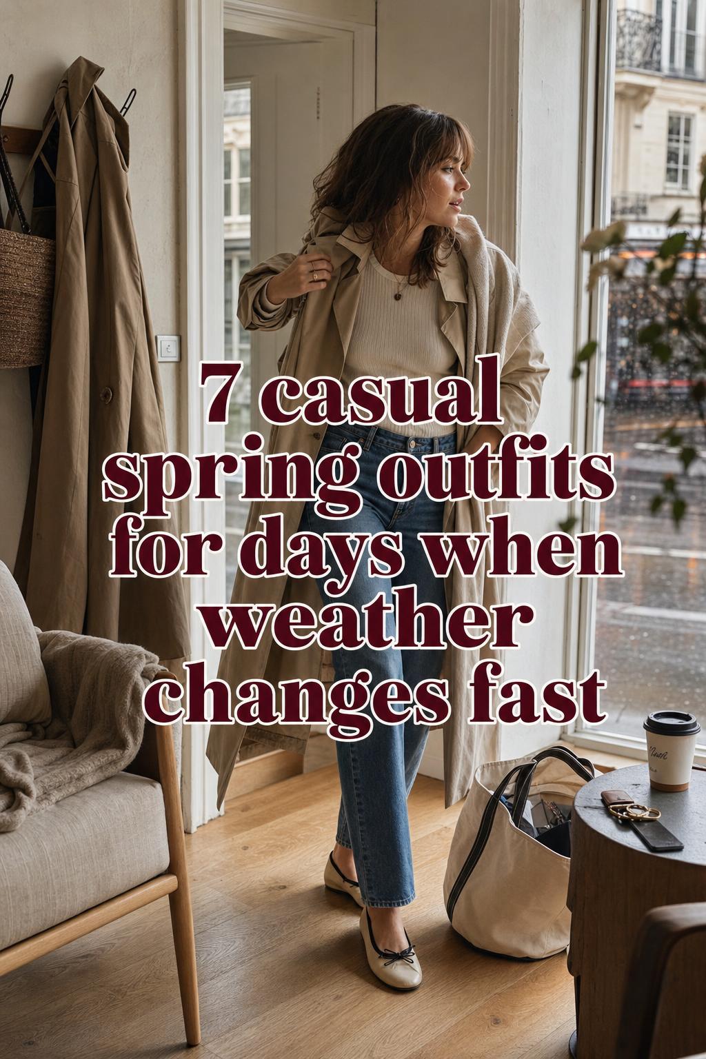 Casual spring outfits in a warm European apartment entryway, woman adjusting trench coat by window on a moody spring morning