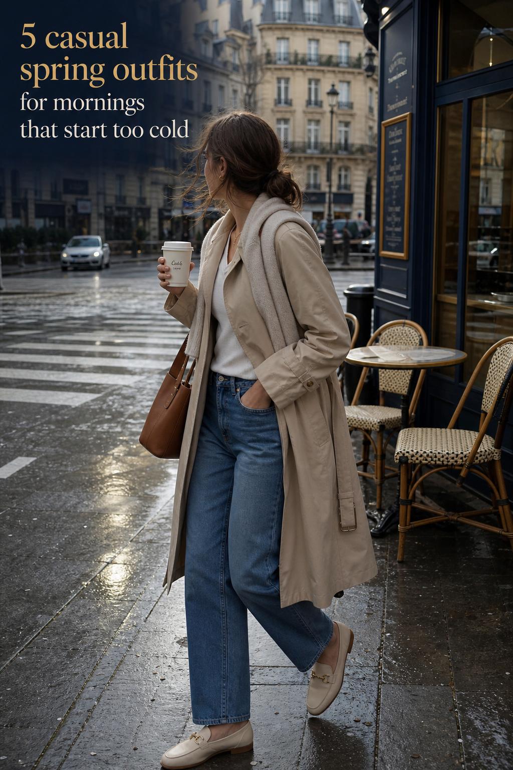 Woman in layered casual spring outfits walking by a European cafe after rain, trench coat and denim in soft daylight