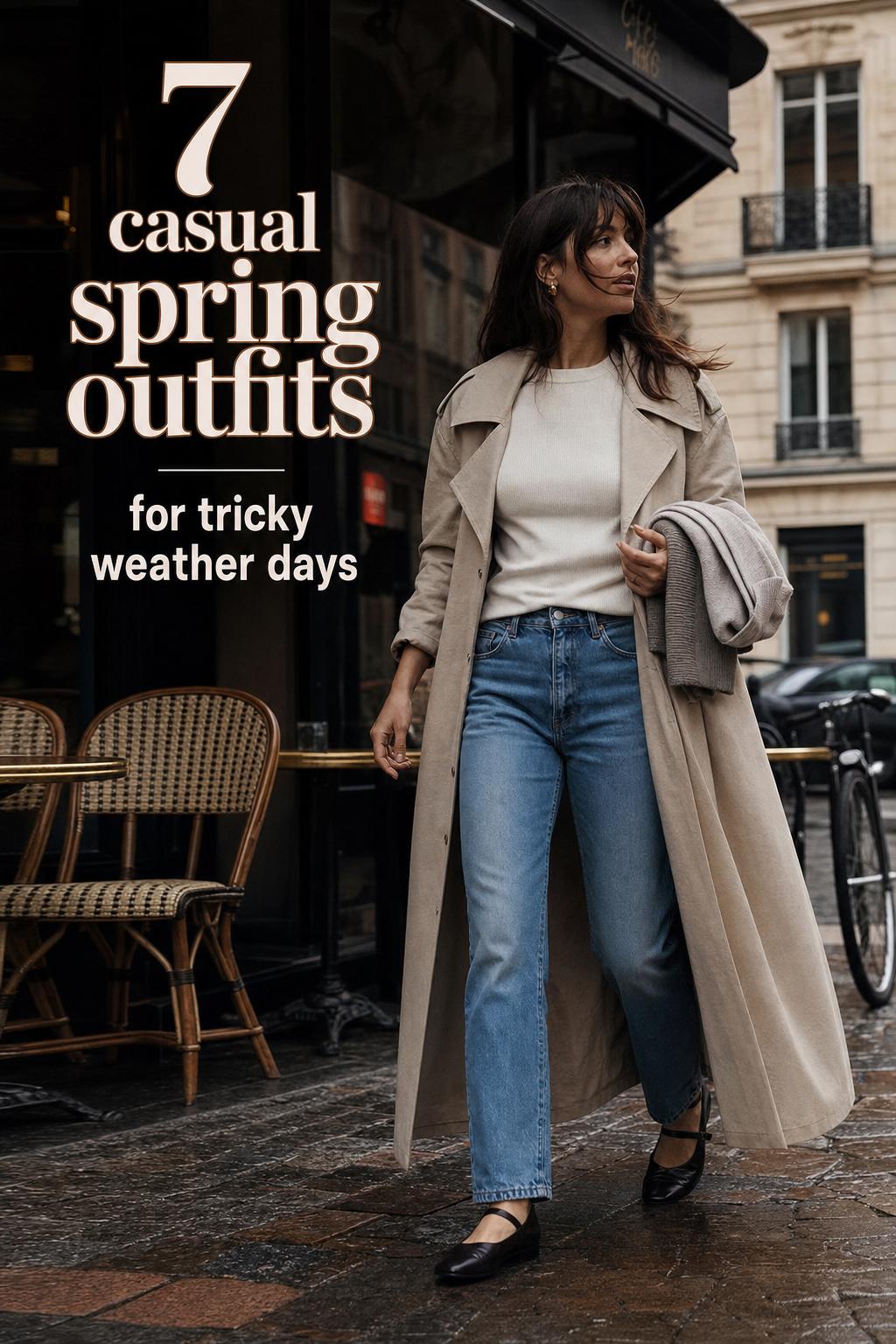 Casual spring outfits street style in Paris after rain, woman in trench coat and jeans walking past a café with text overlay