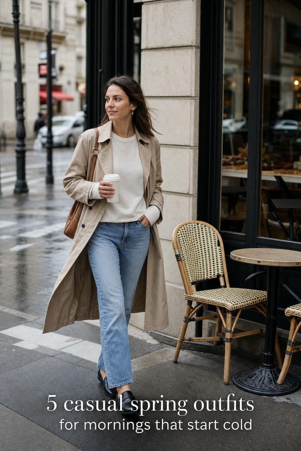 Woman in refined street style walking by a corner café in a European city, showcasing casual spring outfits in soft layers