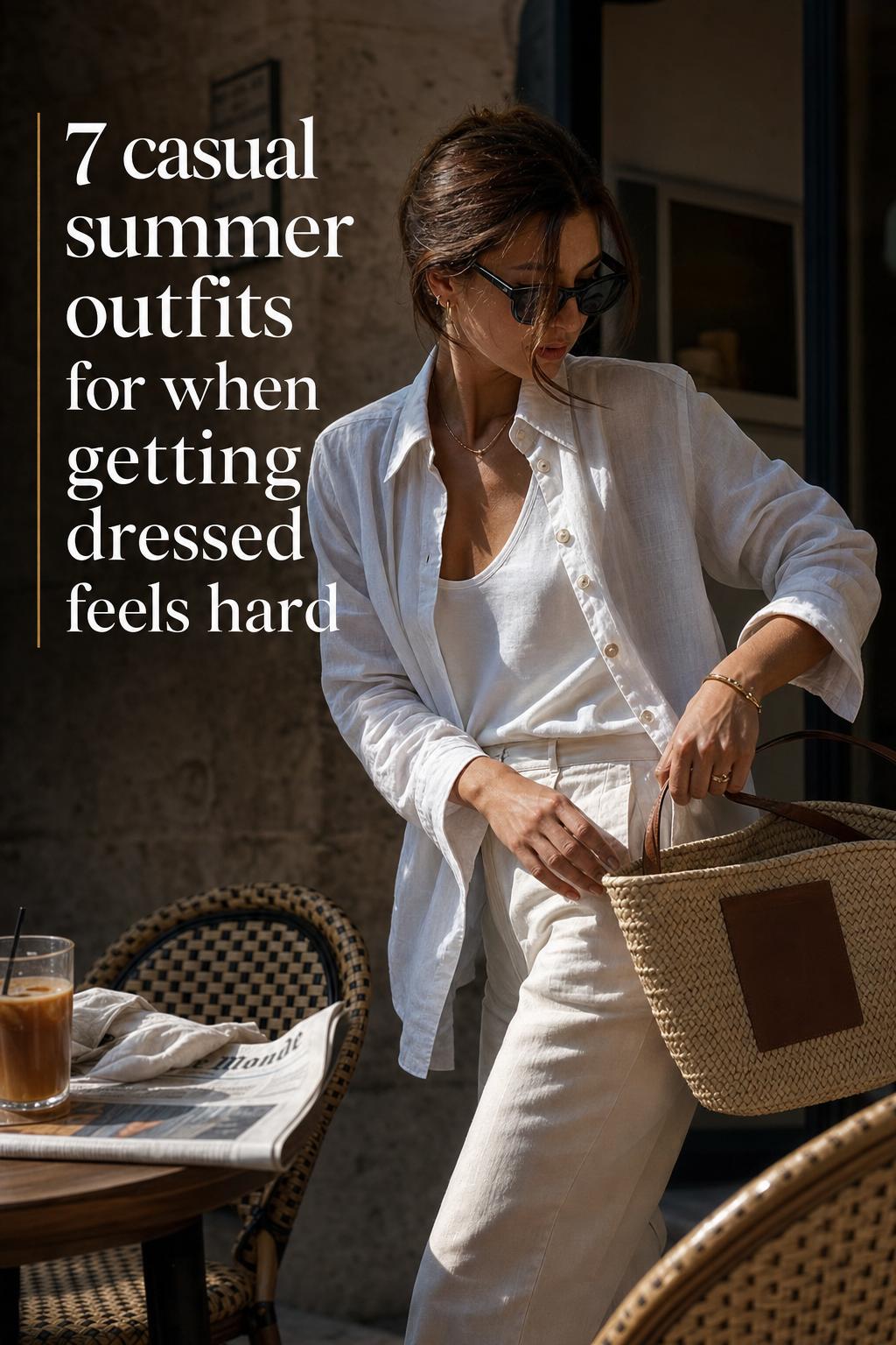Woman adjusting straw tote at a moody city café wearing casual summer outfits with linen shirt, sandals, and iced drink