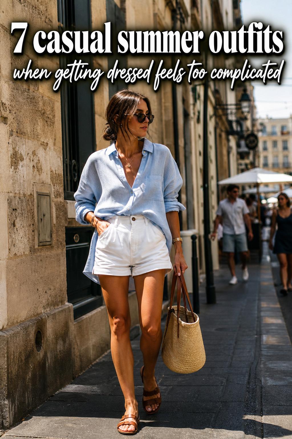Casual summer outfits with a light linen shirt, denim shorts, and sandals on a sunny city street