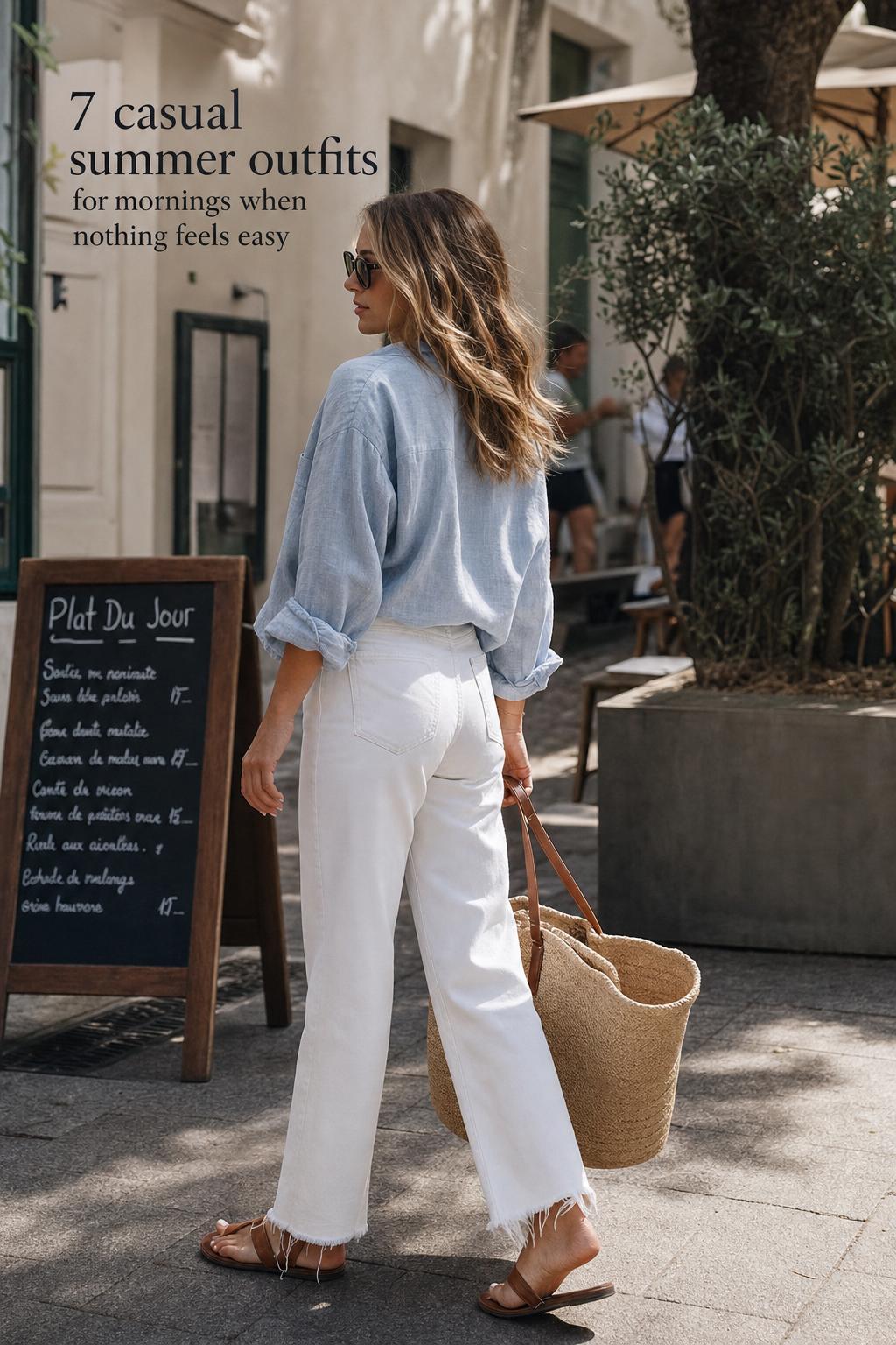 Casual summer outfits street-style look with linen shirt, tank, white jeans and sandals in soft sunlit coastal town