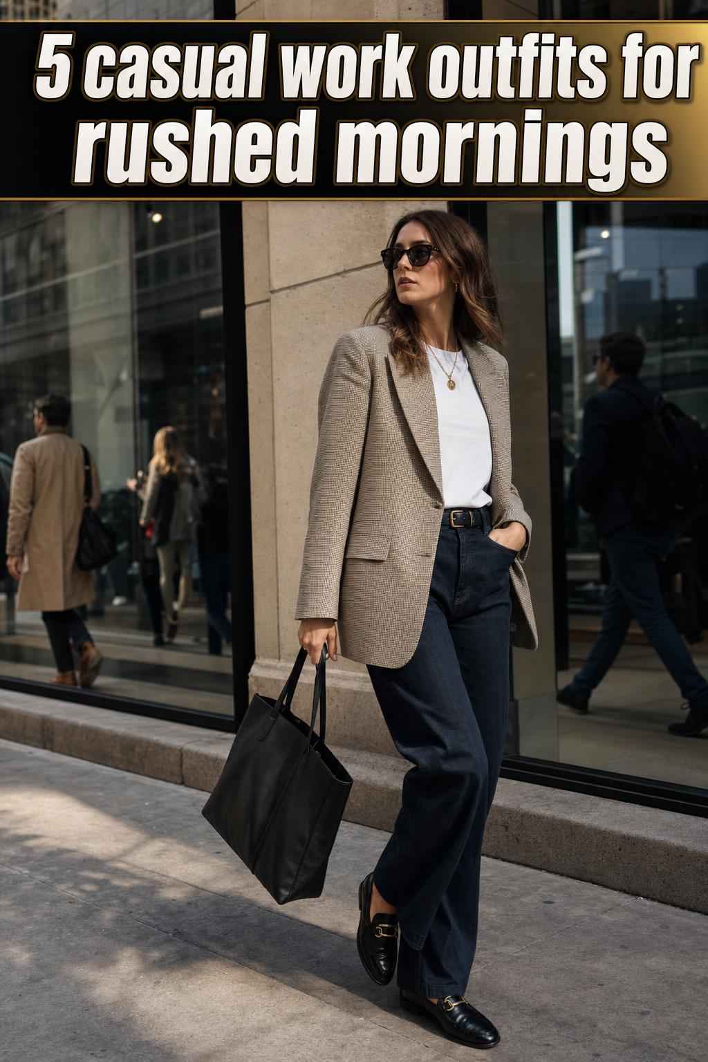 Casual work outfits on a woman in a bright office, featuring a blazer, jeans, and loafers for everyday style