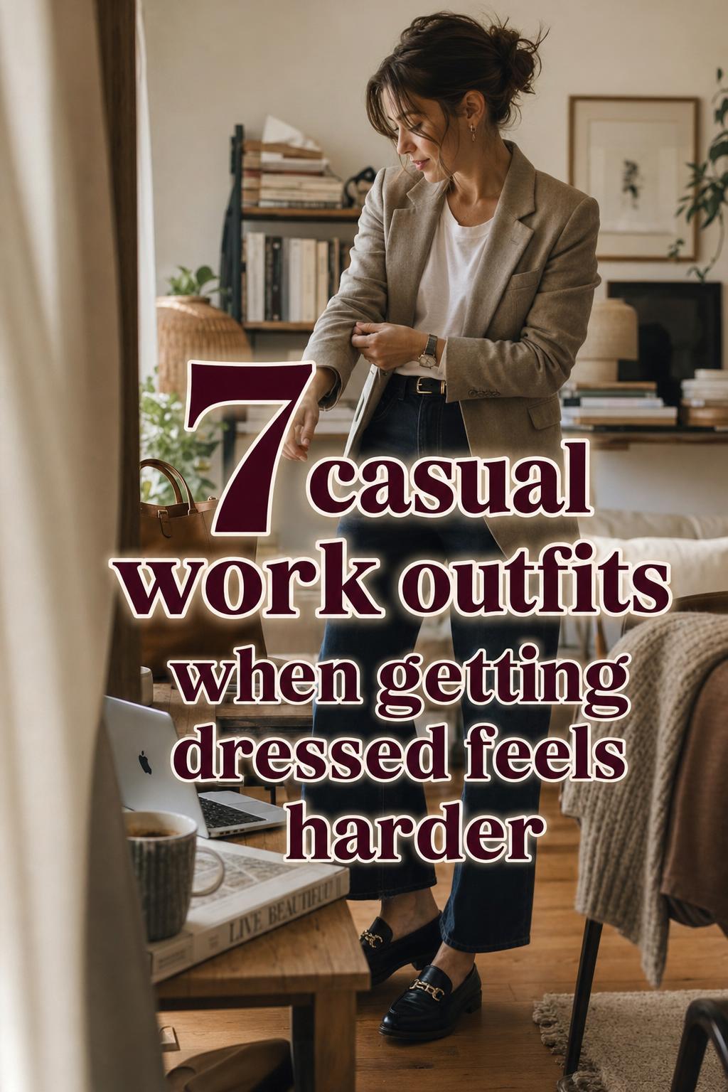 Casual work outfits: woman adjusting blazer cuff in warm studio apartment, tote nearby, with text overlay about 7 outfit ideas.