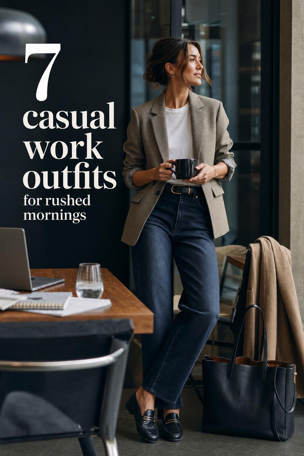 Professional woman in a modern studio wearing a blazer and jeans, showcasing casual work outfits in soft window light.
