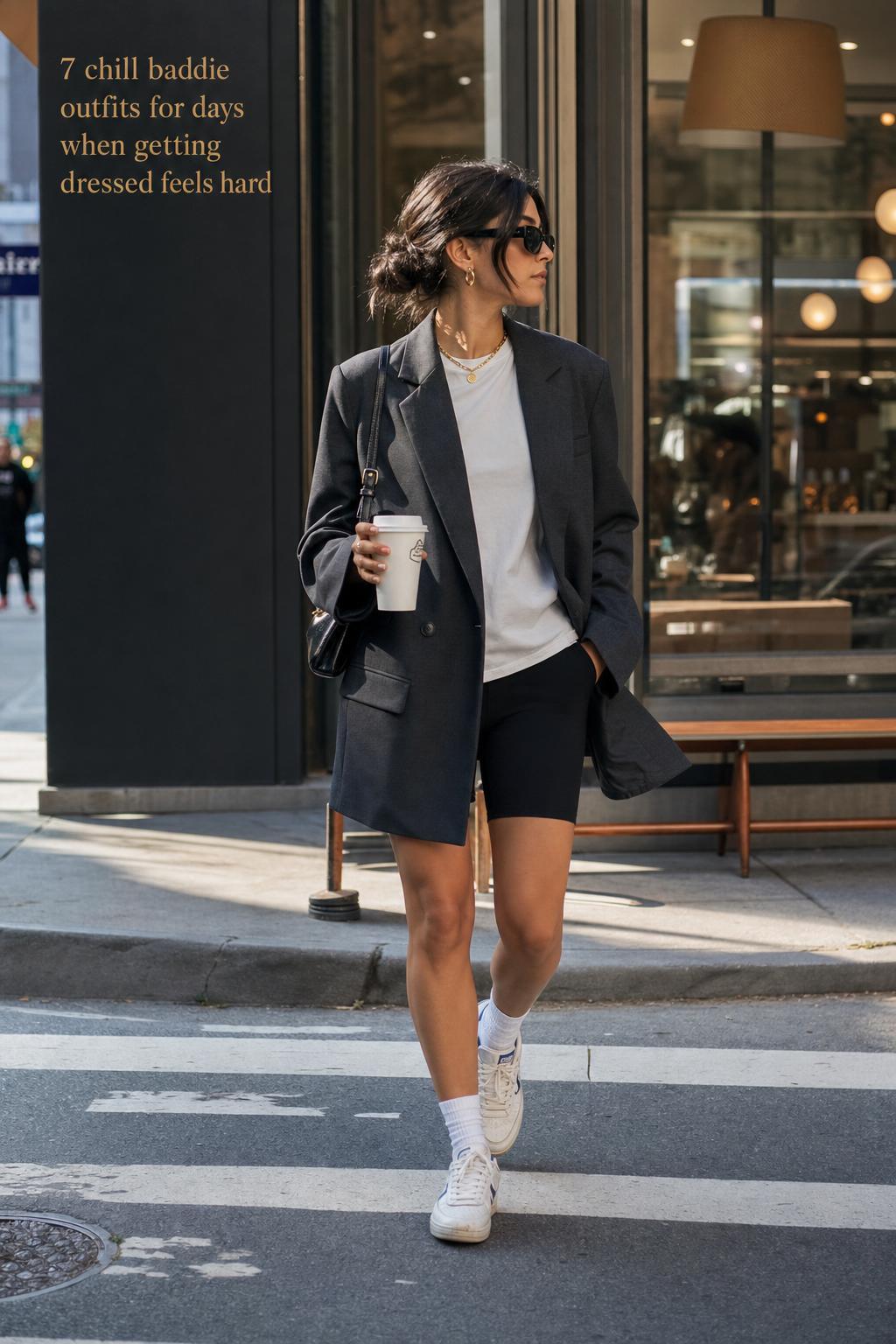 Chill Baddie Outfits for a City Coffee Run Chill baddie outfits: woman in charcoal blazer, white tee and black biker shorts walking to a city cafe with coffee cup