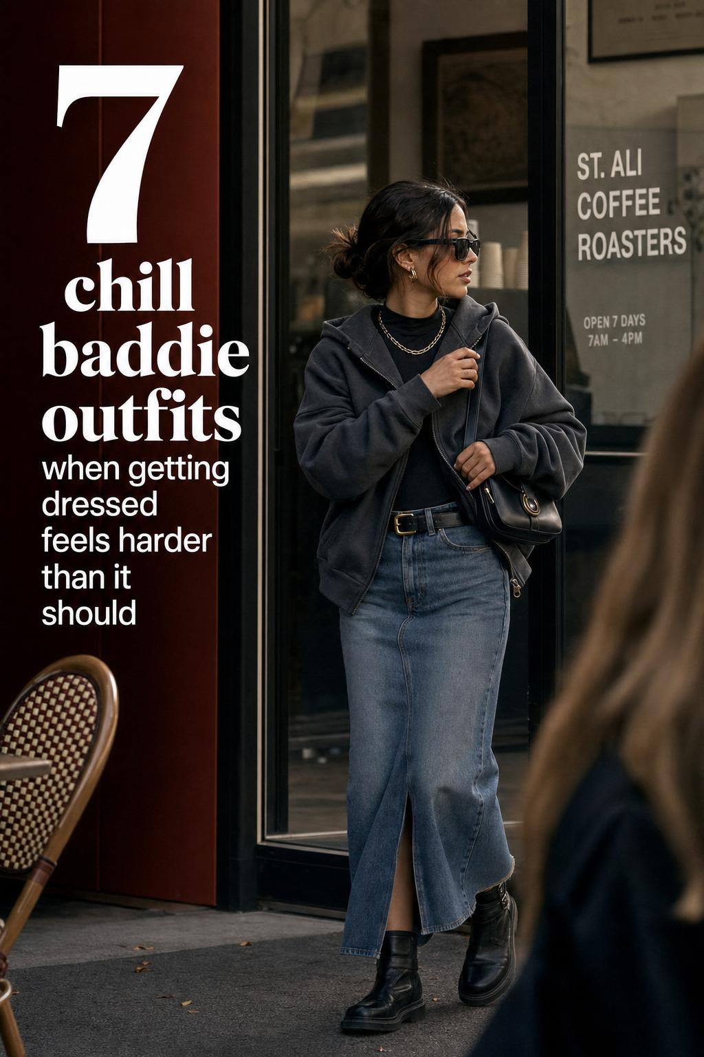 Chill Baddie Outfits for a City Coffee Run Chill baddie outfits street-style coffee run with woman in charcoal hoodie, sunglasses, and compact shoulder bag outside café