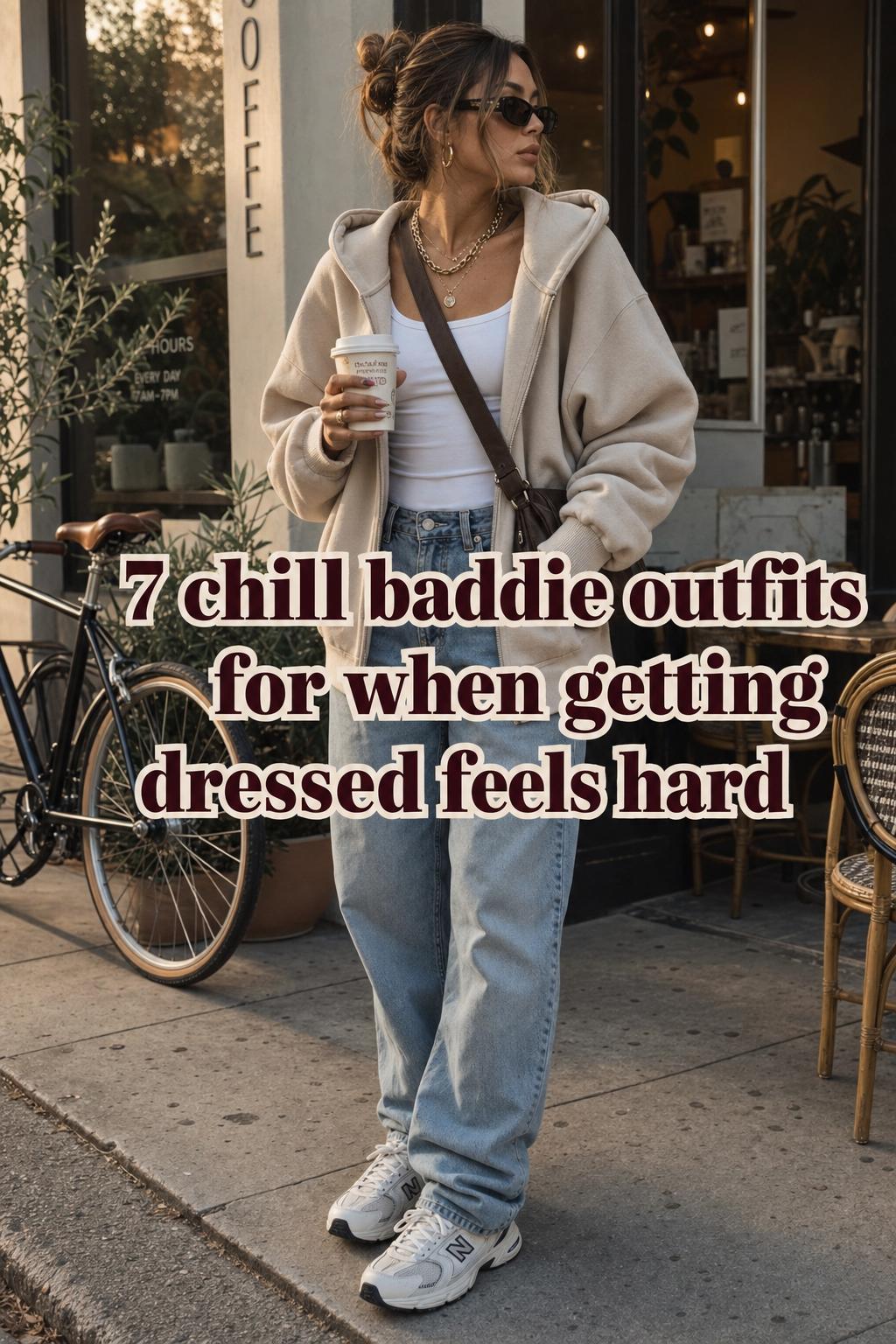 7 Chill Baddie Outfits Coffee-Run Street Style Woman in oversized hoodie and denim on a coffee run outside a cafe, showcasing chill baddie outfits in warm golden-hour light