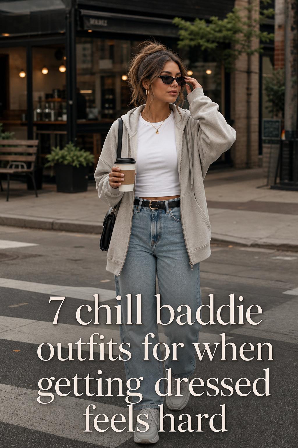 Chill Baddie Outfits Street Style Editorial Adult woman in layered street style on a city sidewalk, showcasing chill baddie outfits with hoodie, denim, sneakers and sunglasses