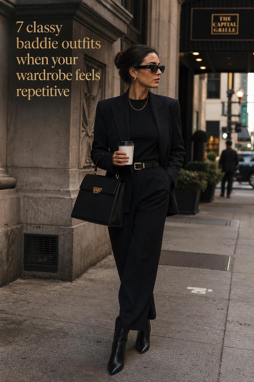 Classy baddie outfits on an adult woman in a black blazer and midi dress on a New York sidewalk, editorial street style.