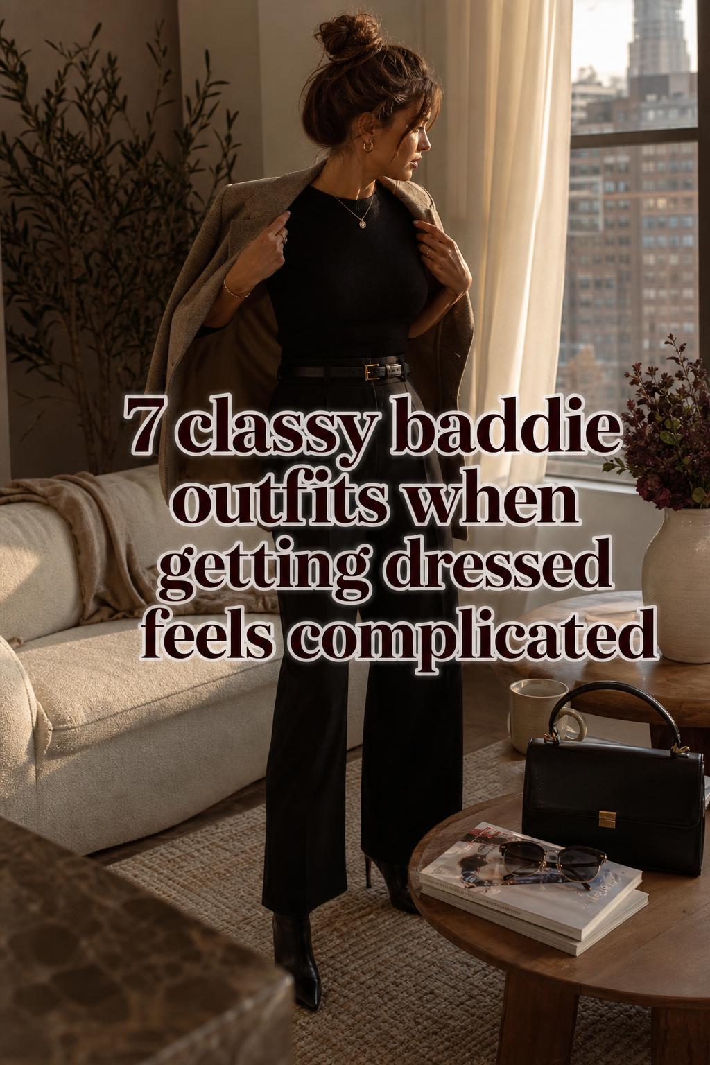 Classy baddie outfits in a cozy city apartment, woman adjusting a blazer in warm golden-hour light with editorial styling.