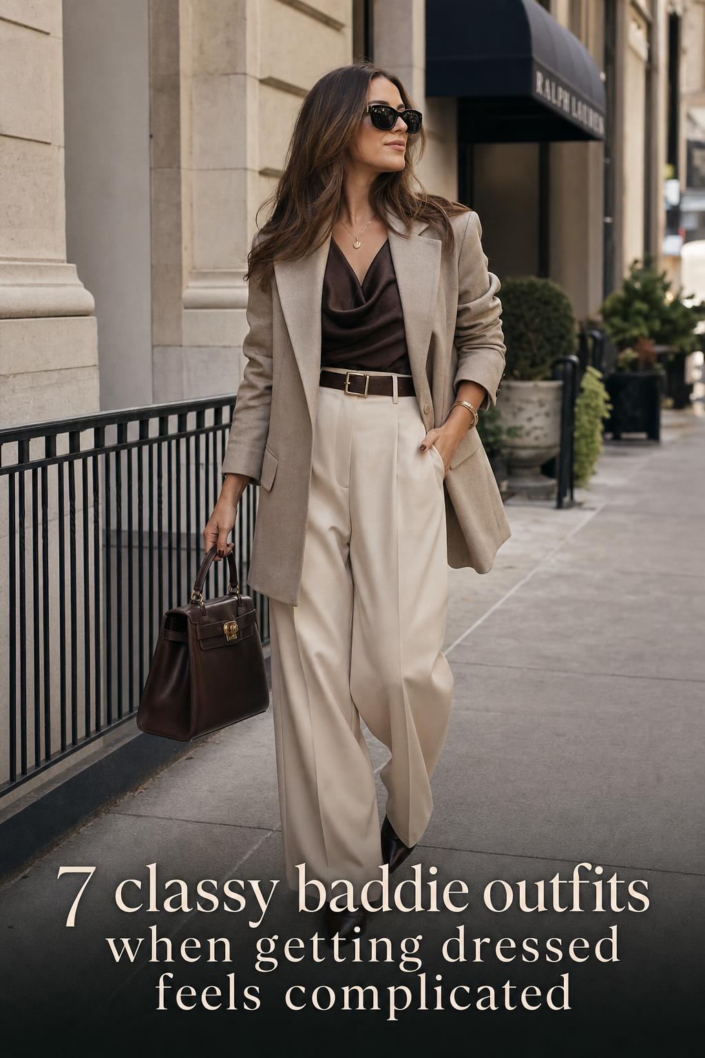 Classy baddie outfits street style: woman in neutral blazer and midi look walking in a modern U.S. city