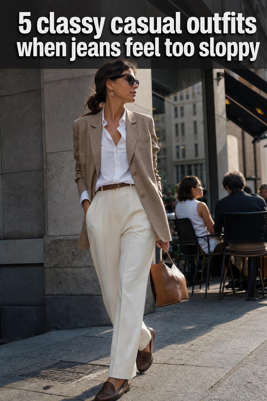 Classy casual outfits styled with a tailored blazer, neutral tee, and slim jeans on a city street