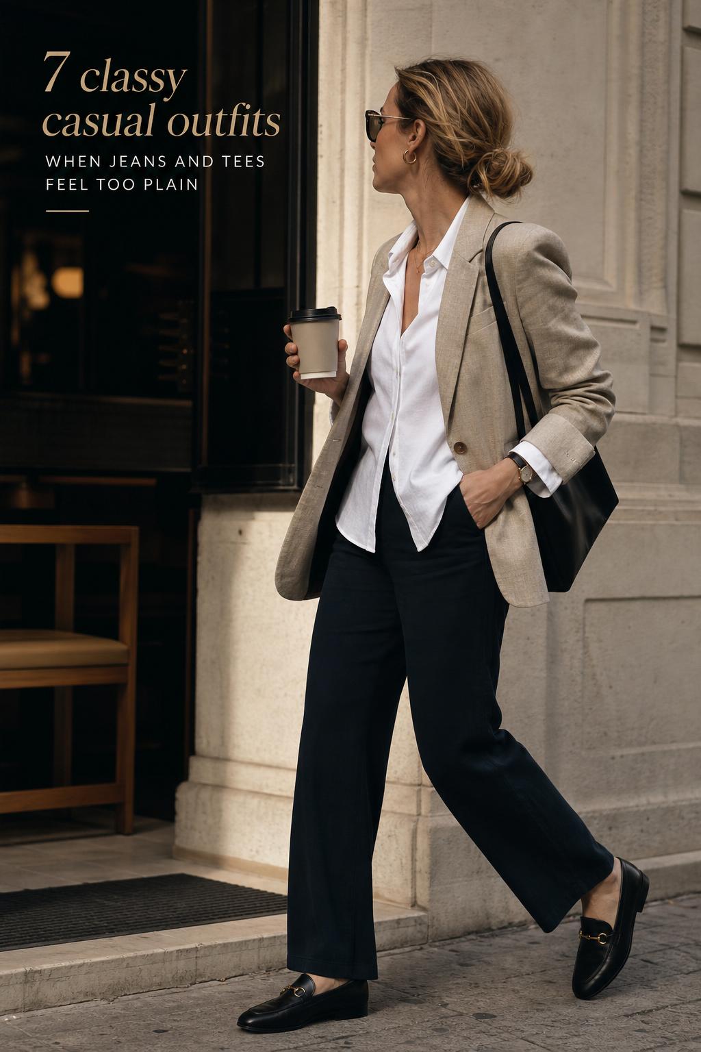 Woman walking in a blazer and straight-leg denim on a city sidewalk, showcasing classy casual outfits in soft natural light