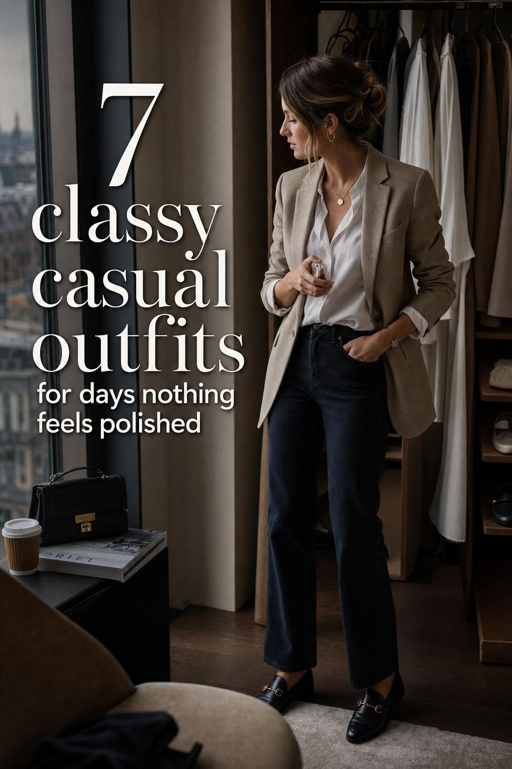 Modern woman by a window in a city apartment wearing classy casual outfits with a blazer, white shirt, trousers, and loafers