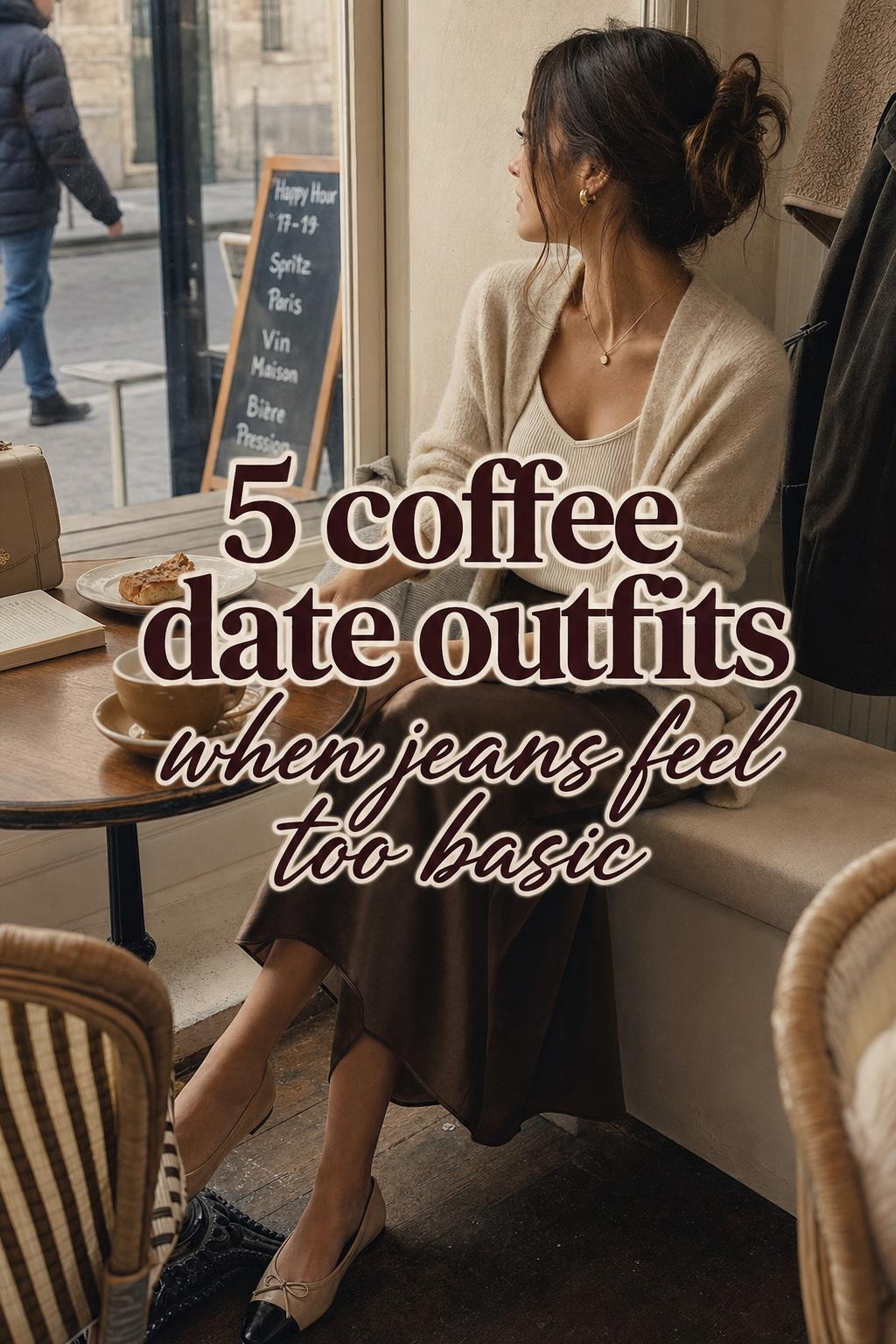 Coffee date outfits in a cozy window-side cafe, woman in neutral cardigan and dark denim reaching for a latte with text overlay.