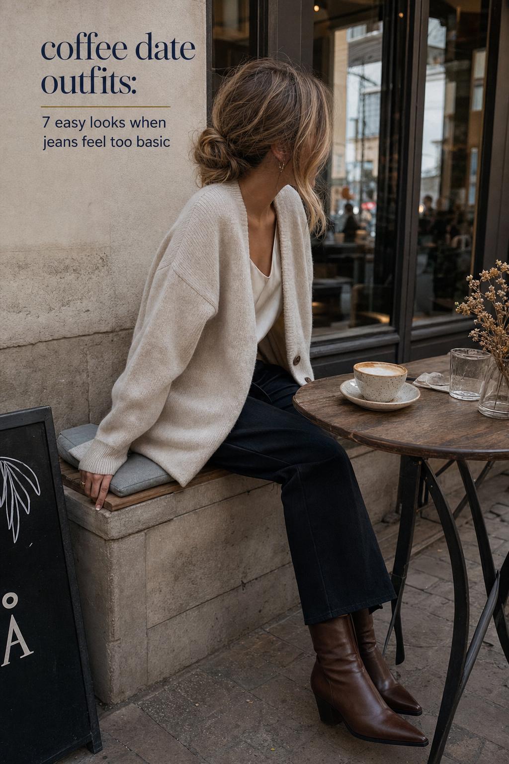 Woman in neutral cardigan and dark denim at a cafe patio, showcasing polished coffee date outfits in daylight