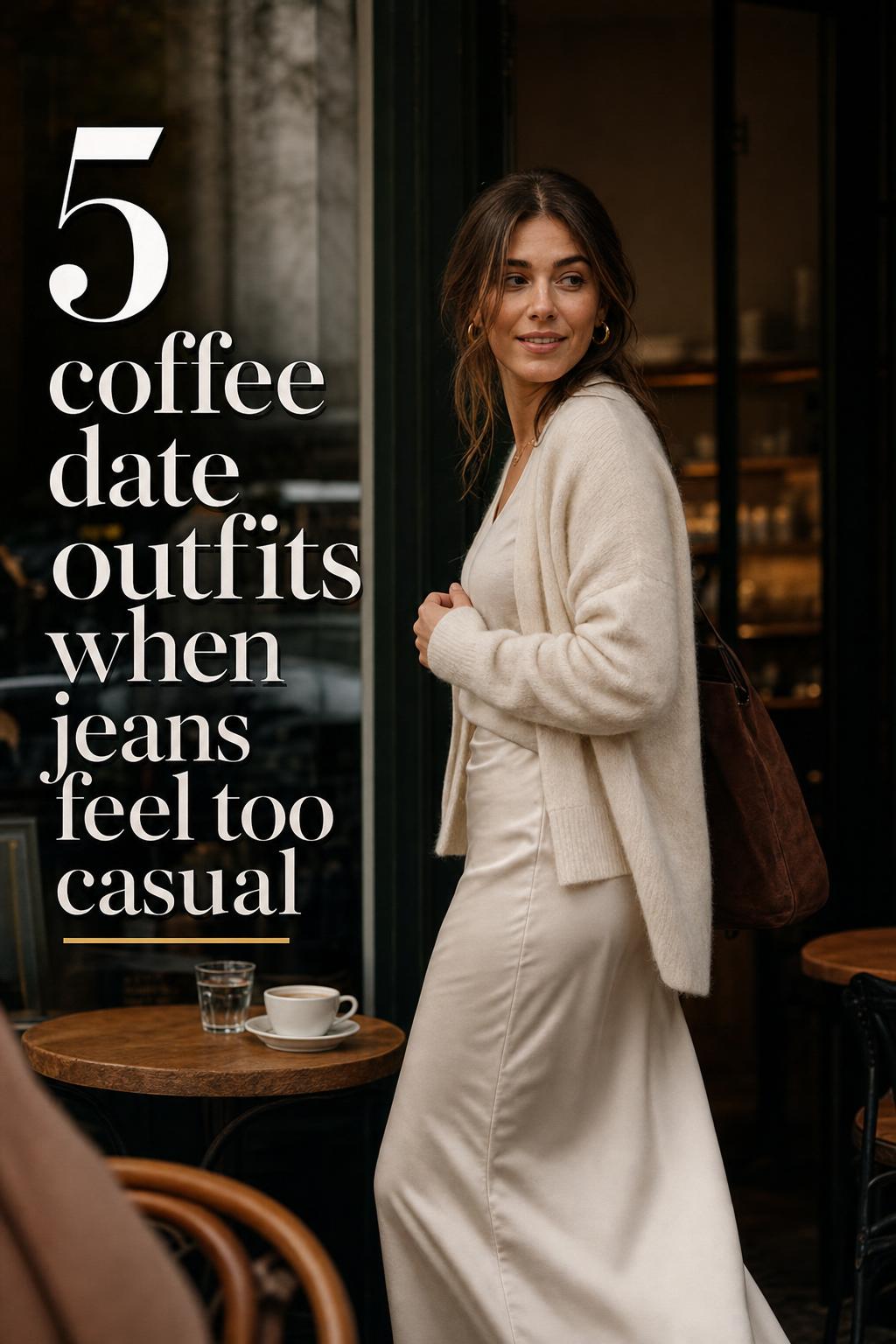 Woman in chic coffee date outfits at a neighborhood cafe, turning by a window table with latte and midi skirt