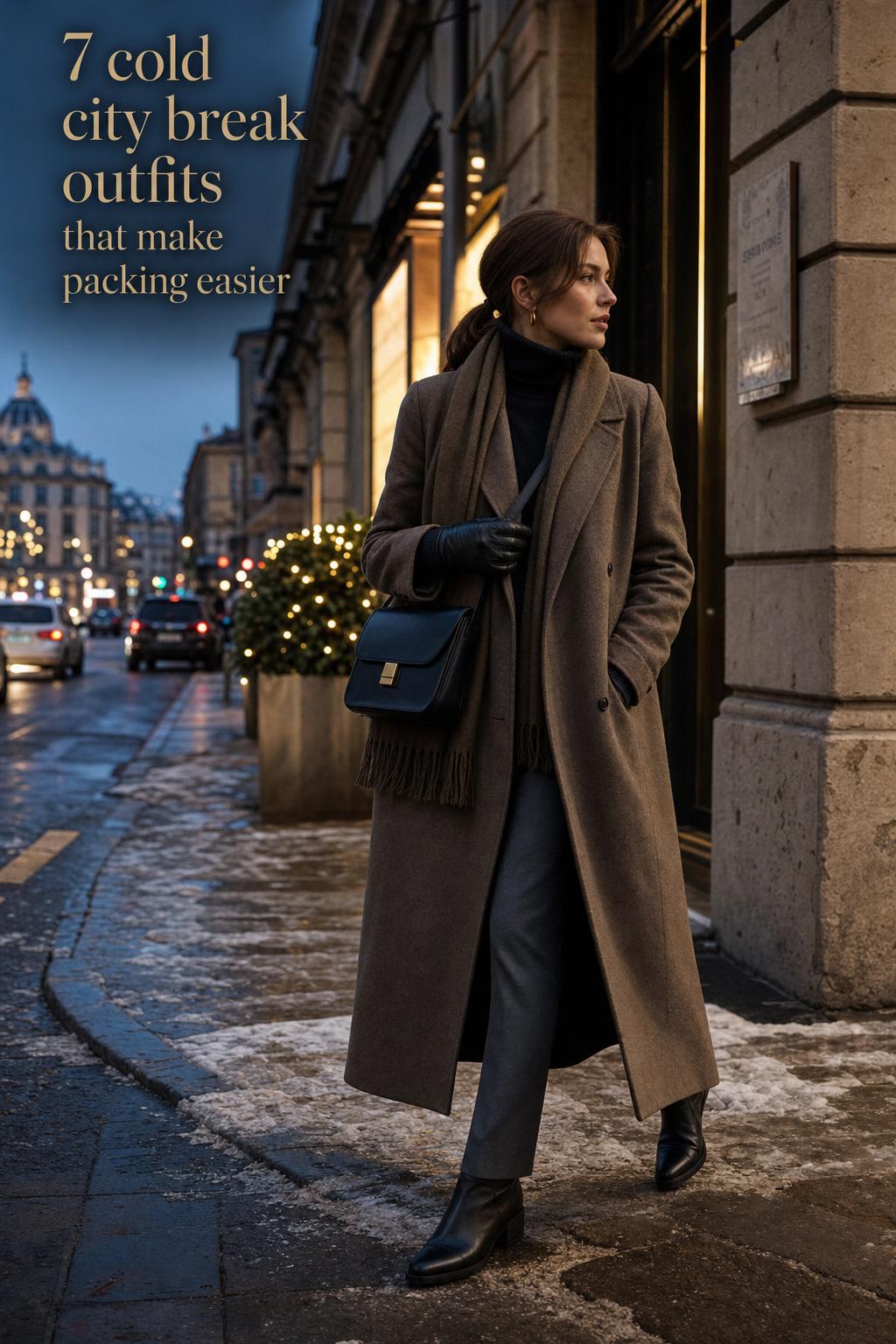 Cold City Break Outfits in Blue Hour Street Style Cold city break outfits in a blue-hour European street scene, woman in camel wool coat, scarf, gloves and boots