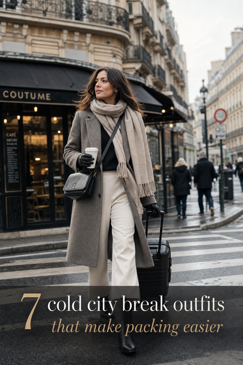 Cold City Break Outfits: Polished Winter Street Style Woman in winter street style walking in a European city, showcasing cold city break outfits with coat, scarf, boots and bag