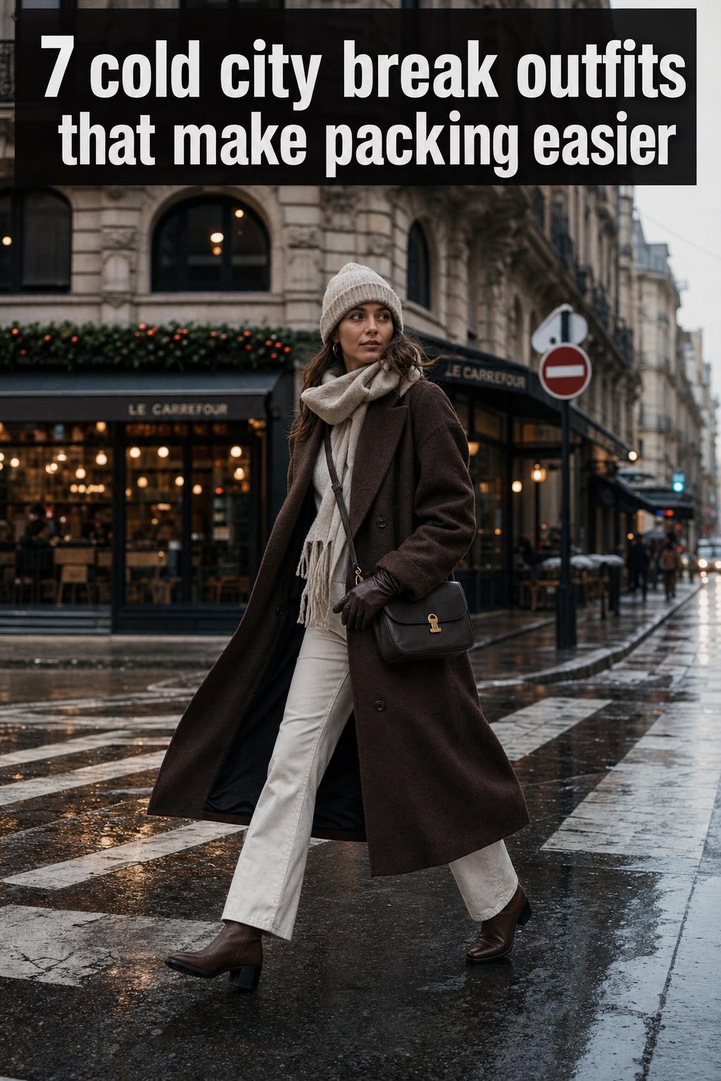Cold City Break Outfits in Winter Streets Cold city break outfits on stylish travelers walking downtown in winter coats, scarves, and boots